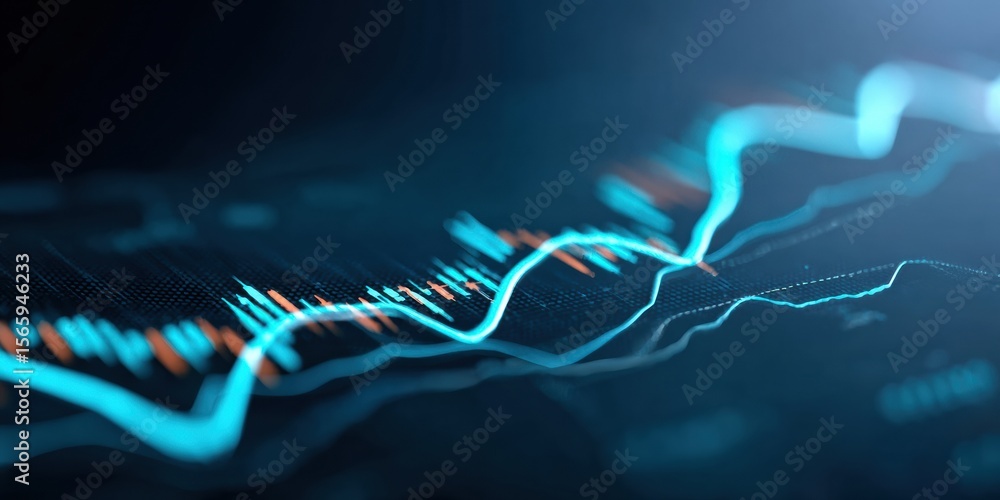 Poster Digital Stock Market Analysis with Rising and Falling Graphs on Futuristic Blue Interface Showing Trends, Risks, and Profit Spikes for Business Insights