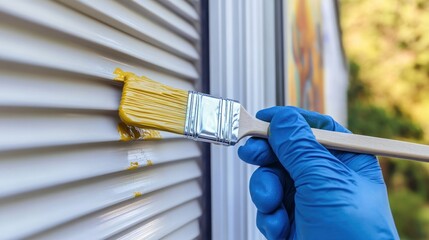 Blue-gloved hand paints white shutters yellow using a brush, with soft outdoor backdrop
