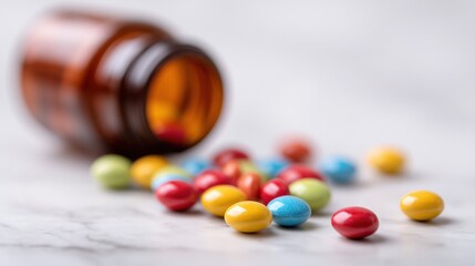 Colorful Pills Scattered on Marble Surface with Blurred Medicine Bottle in Close-Up