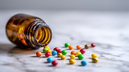 Colorful Pills Scattered on Marble Surface with Blurred Medicine Bottle in Close-Up
