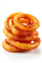 Fototapeta premium Stack of crispy golden onion rings with a crunchy texture and delicious flavor on a white background