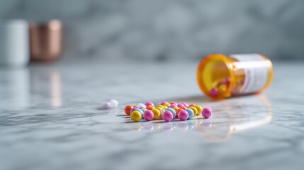 Colorful Pills Scattered on Marble Surface with Blurred Medicine Bottle in Close-Up