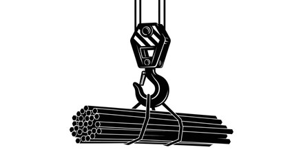 Industrial crane hook lifting a bundle of metal pipes against a white background.