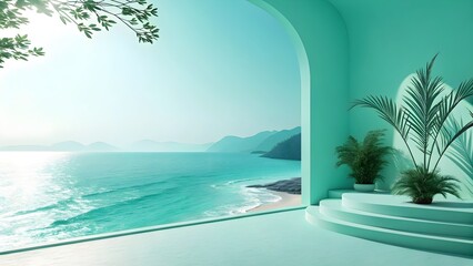  Modern Tropical Interior Design with Ocean View Through Arched Window and Lush Palm Plants Decor generative ai