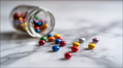 Colorful Pills Scattered on Marble Surface with Blurred Medicine Bottle in Close-Up