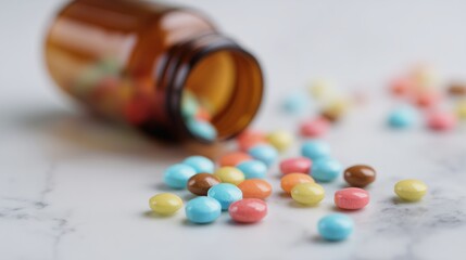 Colorful Pills Scattered on Marble Surface with Blurred Medicine Bottle in Close-Up