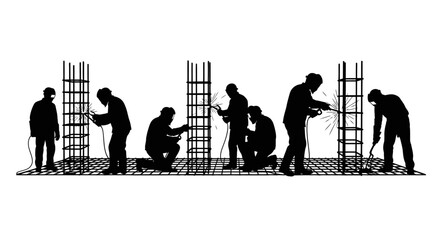 Construction workers using various tools to build a reinforced structure.