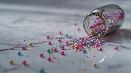 Colorful Pills Scattered on Marble Surface with Blurred Medicine Bottle in Close-Up