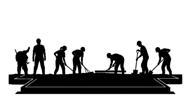Silhouette illustration of construction workers laying a foundation.