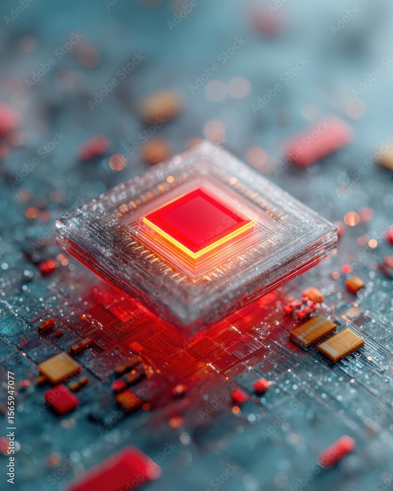 Poster Futuristic Quantum Chip with Illuminated Red Core on Circuit Board for Advanced AI Systems and Next-Generation Computing Innovation