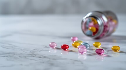 Colorful Pills Scattered on Marble Surface with Blurred Medicine Bottle in Close-Up