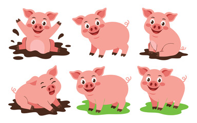 Obraz premium Six Cartoon Pink Pigs Posing in Mud and Grass Isolated on White Background