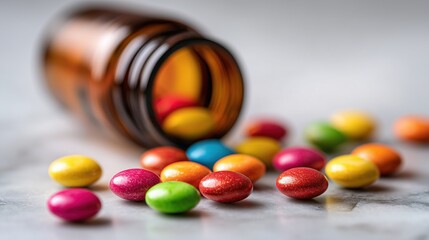 Colorful Pills Scattered on Marble Surface with Blurred Medicine Bottle in Close-Up