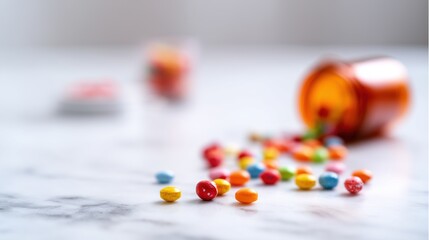 Colorful Pills Scattered on Marble Surface with Blurred Medicine Bottle in Close-Up