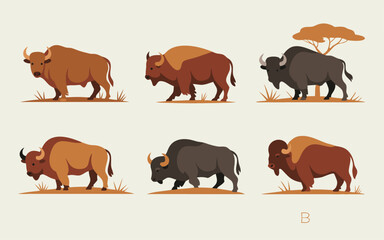 Obraz premium Stylized Bison Illustrations Variety of Colors, Buffalo Designs, African Savanna