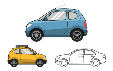Three Cartoon Cars Blue Hatchback, Yellow SUV with Roof Rack, Outline Sedan