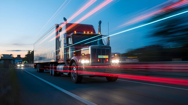 Red semi-truck with trailer on U.S. highway at dawn, long exposure
- Powered by Adobe