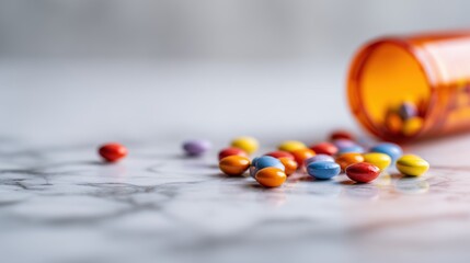 Colorful Pills Scattered on Marble Surface with Blurred Medicine Bottle in Close-Up
