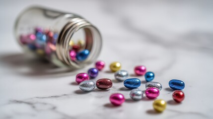 Colorful Pills Scattered on Marble Surface with Blurred Medicine Bottle in Close-Up