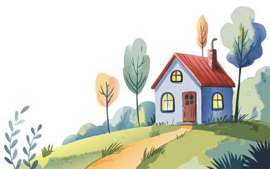 Fototapeta premium Watercolor Illustration of a Cozy House with Red Roof on a Hillside Path