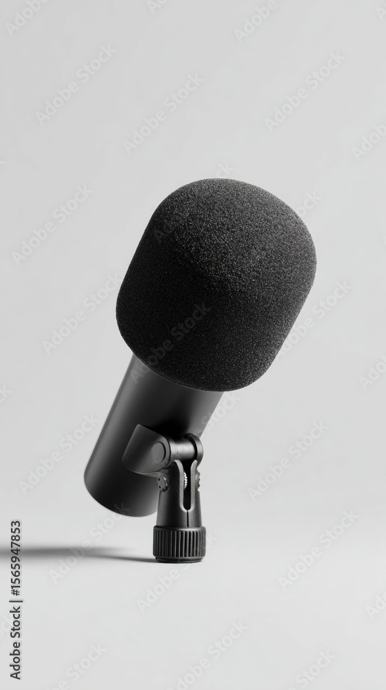 Poster Modern Boom Microphone with Windscreen and Support Clip on Neutral Background for Professional Podcasting and Broadcast Audio Solutions