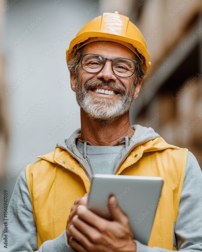 Poster smiling mature warehouse worker in safety gear managing inventory with tablet in modern distribution