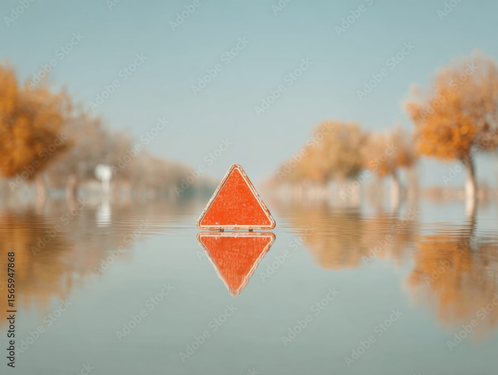 Poster flood barrier warning sign partially submerged on road with trees reflecting in water for emergency 