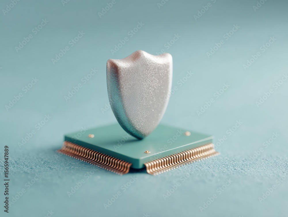 Poster Encrypted Transmission Shield Icon on Microchip Circuit Board Representing Cybersecurity and Digital Protection for Modern Device Security Solutions