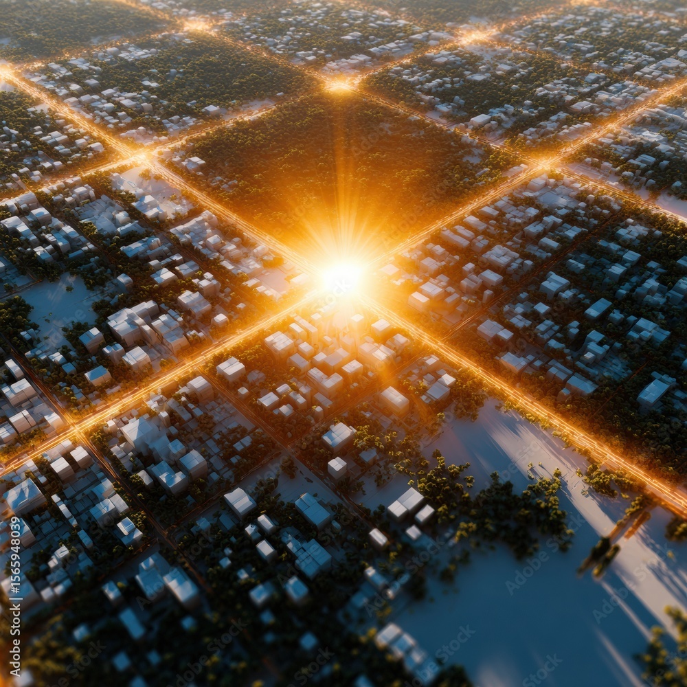 Poster Futuristic Urban Grid City Model with Illuminated Streets and Structured Architecture for Smart City Planning and Digital Development Concepts