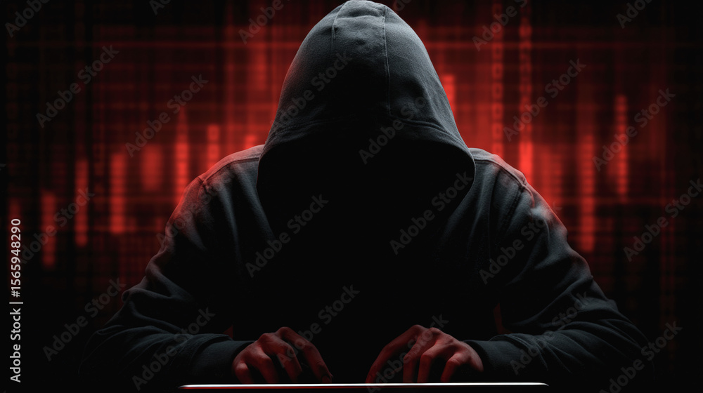 Poster a hooded figure types on a laptop, backlit by red digital code, evoking themes of hacking and cybers