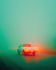 Modern High-Quality Pickup Truck in Dense Fog Authentic Urban Lifestyle and Safety Concept for Millennial Marketing Campaigns and Social Media Use