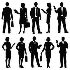 Silhouetted corporate figures showcase professional business people in various poses, indicating a team-oriented office setting.