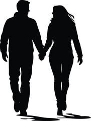 Romantic Couple Walking Hand-in-Hand: Vector Silhouette Illustration