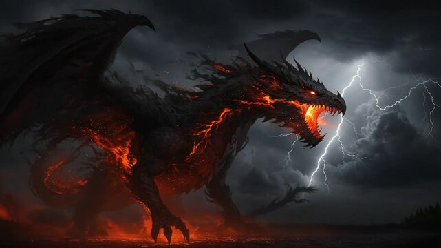 Majestic dragon unleashes fire amid stormy skies