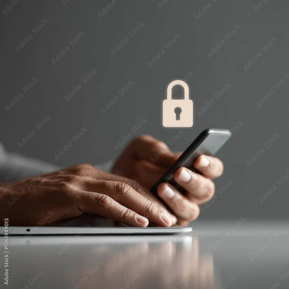 Poster modern professional businessman using mobile phone with biometric lock for premium cybersecurity in 