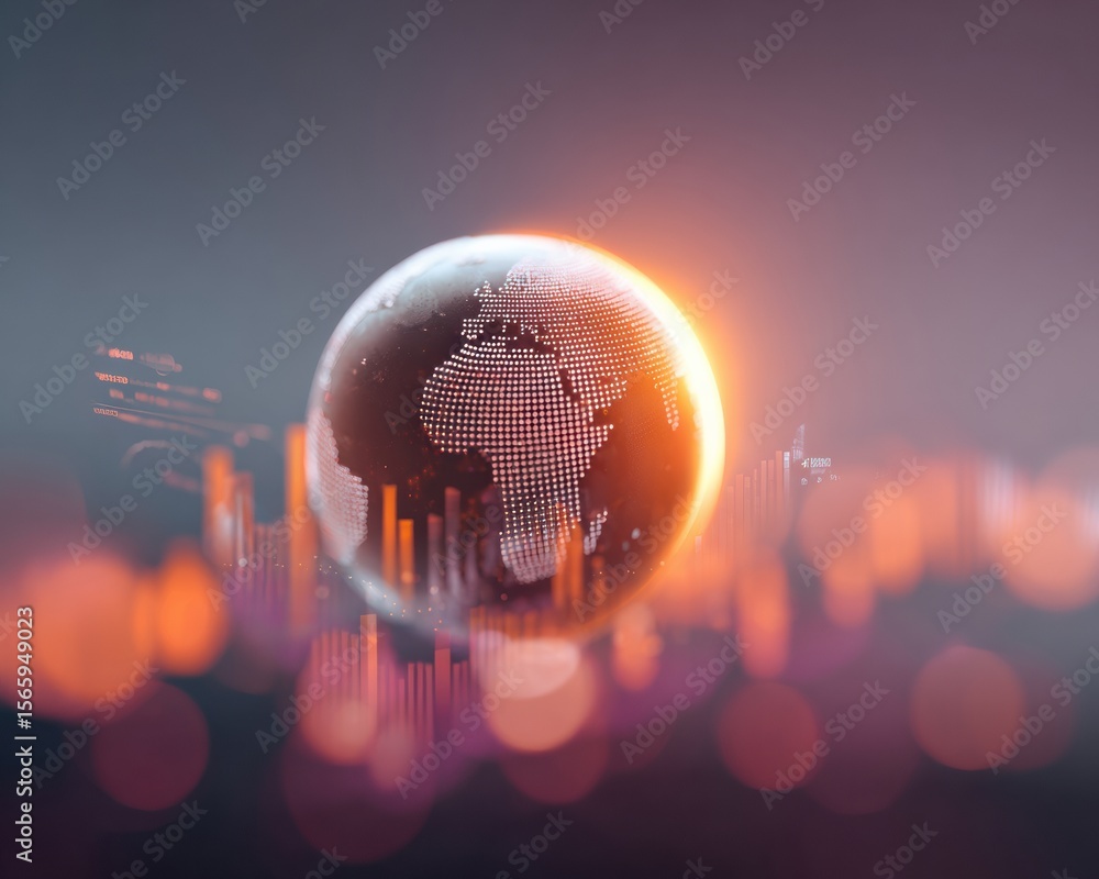Poster Futuristic Financial Simulation Globe with Digital Infographics and Global Connectivity for Innovative Fintech Marketing and Data Visualization