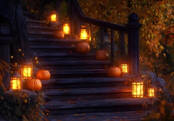 Enchanting Autumn Staircase with Pumpkins and Lanterns