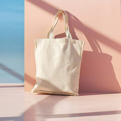 Minimalist Canvas Tote Bag Displayed Against a Soft Pink Background in Natural Light