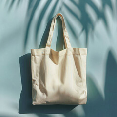 Stylish Tote Bag Displayed Against a Soft Blue Background with Palm Shadows