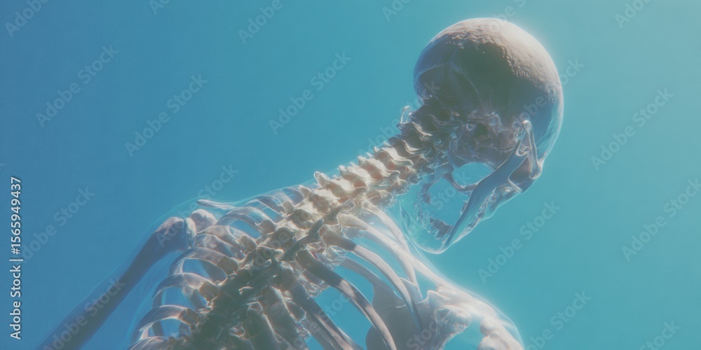 Poster futuristic digital backbone holographic scan over transparent human skeleton in minimalist clinical 
