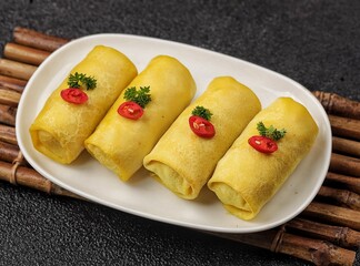 Semar Mendem is an Indonesian savoury snack made of glutinous rice filled with seasoned shredded chicken, fish abon (meat floss) or serundeng wrapped in a thin omelet