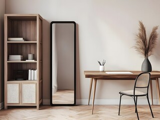 Modern Home Office Interior with Wooden Desk, Bookshelf, and Mirror