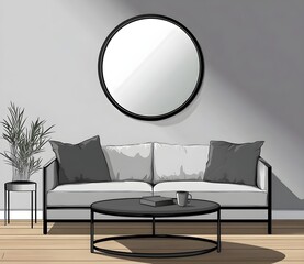 Modern Living Room Interior Design with Grey Sofa and Round Mirror
