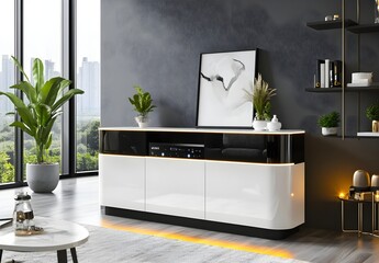 Modern White and Black High-Gloss Entertainment Center in Modern Living Room