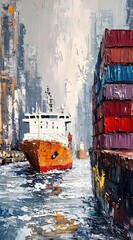 Cargo Ship and Containers in Harbor, Abstract Painting