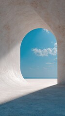 Minimalist concrete archway framing clear blue sky with clouds, modern architecture and natural light interplay for contemporary design and creative inspiration