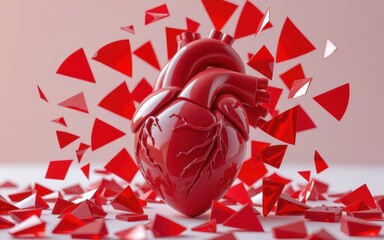 The concept of high blood pressure. Shattered heart surrounded by red shards symbolizing brokenness.
