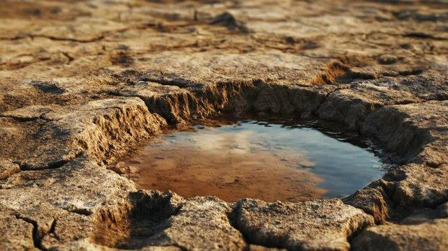Waterhole in parched cracked earth