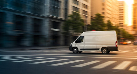 White delivery van speeds through city street with dynamic motion blur effect.

