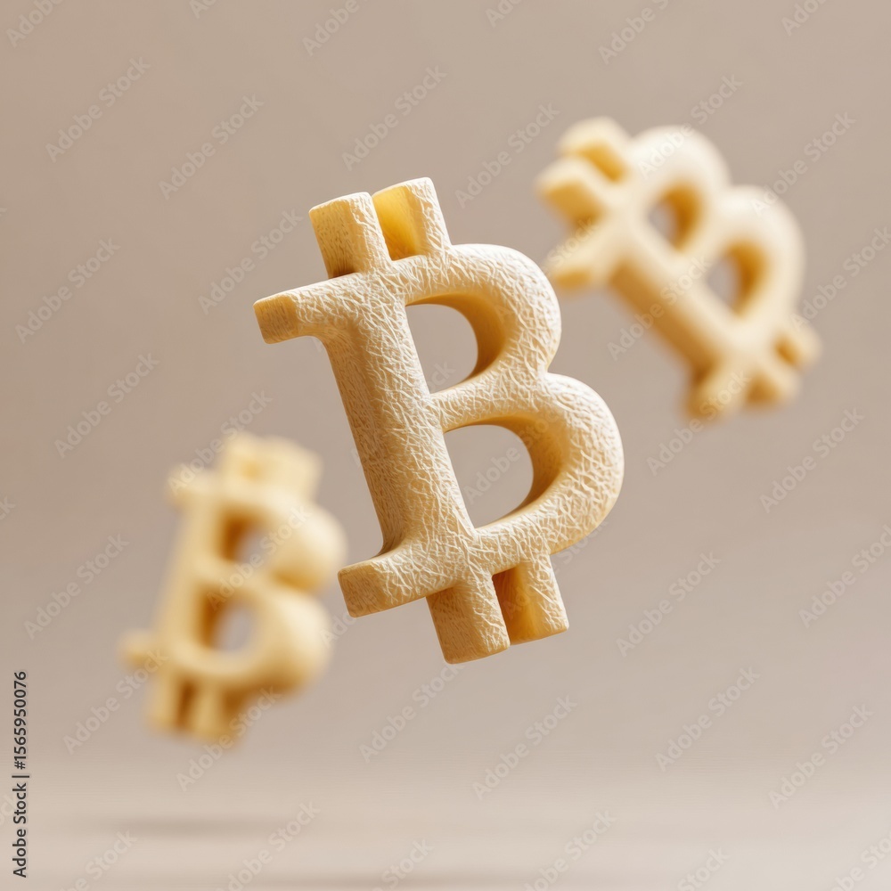 Aufkleber Bitcoin Symbols with Textured Surface Floating on Neutral Background for Modern Cryptocurrency and Blockchain Technology Promotion
